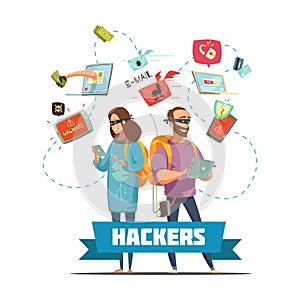 Hackers Criminals Cartoon Composition Poster