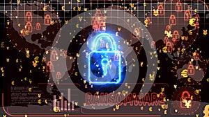 Hackers encrypt red digital technology Big Data Lock is detected by radar on world map, alternate concept to protect ransomware photo