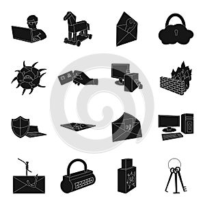 Hackers and hacking set icons in black style. Big collection of hackers and hacking vector symbol stock illustration