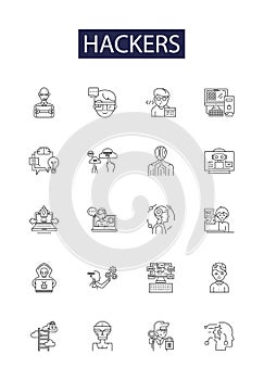 Hackers line vector icons and signs. internet, computer, data, security, virus, cyber, hacking,web outline vector