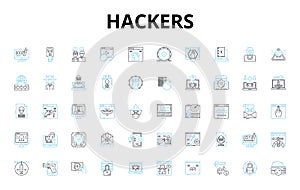 Hackers linear icons set. Cybercriminals, Intruders, Crackers, Hacktivists, Black hats, White hats, Rogue vector symbols