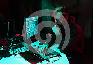 Hackers making cryptocurrency fraud using virus software and computer interface. Blockchain cyberattack, ddos and