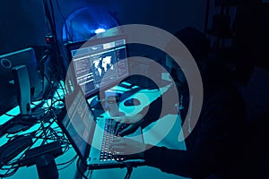 Hackers making cryptocurrency fraud using virus software and computer interface. Blockchain cyberattack, ddos and