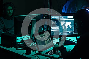 Hackers making cryptocurrency fraud using virus software and computer interface. Blockchain cyberattack, ddos and