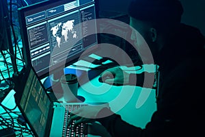 Hackers making cryptocurrency fraud using virus software and computer interface. Blockchain cyberattack, ddos and