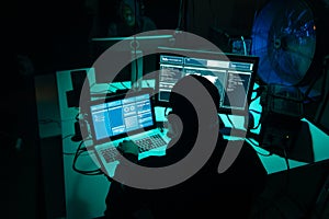 Hackers making cryptocurrency fraud using virus software and computer interface. Blockchain cyberattack, ddos and
