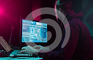 Hackers making cryptocurrency fraud using virus software and computer interface. Blockchain cyberattack, ddos and