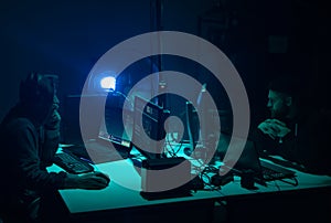 Hackers making cryptocurrency fraud using virus software and computer interface. Blockchain cyberattack, ddos and