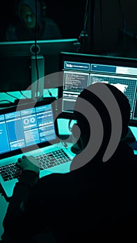 Hackers making cryptocurrency fraud using virus software and computer interface. Blockchain cyberattack, ddos and malware concept