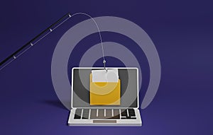 Hackers scam online user data in private folder documents in laptop screen on dark purple neon background