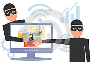 Hackers steal information. Hacker stealing money and personal information. Hacker unlock information, steal and crime computer dat photo
