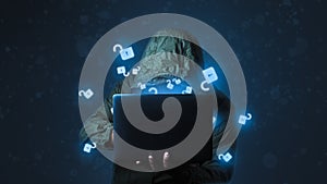 Hackers are using his laptop to hacking systems. network security concept