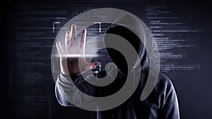 Hackers wear a cloak, not see the face, are scanning hands.