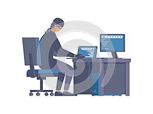 Hacking activity, cybercrime flat vector illustration. Dangerous thief in disguise working with computer cartoon