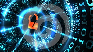 Hacking computer system, database, social network account. Hacked lock symbol on abstract computer data background, data theft