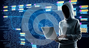 Hacking concept with hacker using laptop at digital map with node tree and binary code background