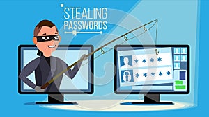 Hacking Concept Vector. Hacker Using Personal Computer Stealing Credit Card Information, Personal Data, Money. Flat