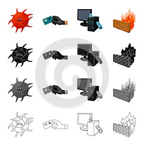 Hacking credit cards, worms in a computer system, a dangerous virus, Firewall. Hacker and hacking set collection icons