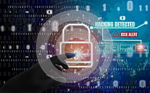 Hacking detected abstract concept, fingers are touching padlock symbol, With protection of digital identity theft and privacy,