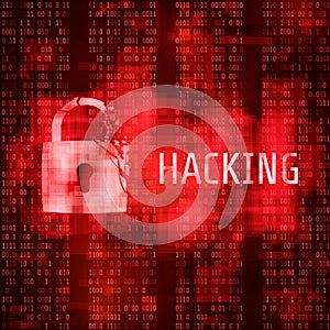 Hacking. Hacker cyber attack. Hacked program on matrix code background. Vector illustration