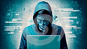Hacking and malware concept. Hacker using abstract laptop with binary code digital interface. generative AI