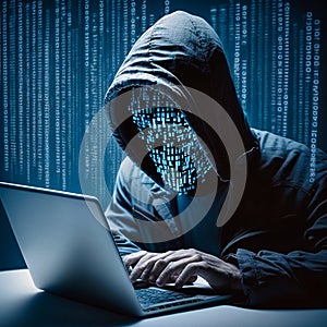Hacking and malware concept. Hacker using abstract laptop with binary code digital interface. generative AI
