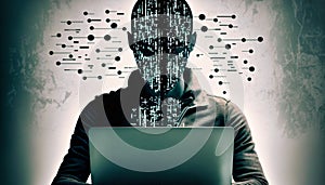 Hacking and malware concept. Hacker using abstract laptop with binary code digital interface. generative AI