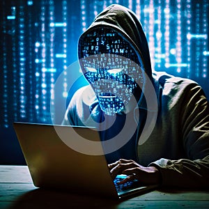 Hacking and malware concept. Hacker using abstract laptop with binary code digital interface. generative AI