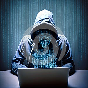 Hacking and malware concept. Hacker using abstract laptop with binary code digital interface. generative AI