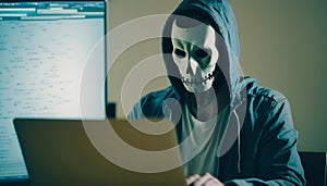 Hacking and malware concept. Hacker using abstract laptop with binary code digital interface. generative AI