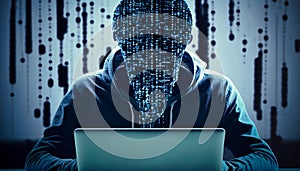 Hacking and malware concept. Hacker using abstract laptop with binary code digital interface. generative AI