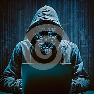 Hacking and malware concept. Hacker using abstract laptop with binary code digital interface. generative AI