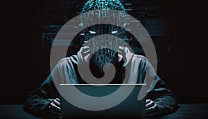Hacking and malware concept. Hacker using abstract laptop with binary code digital interface. generative AI