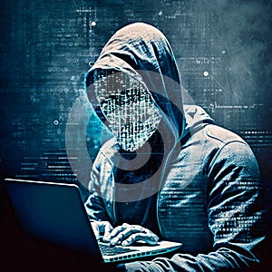 Hacking and malware concept. Hacker using abstract laptop with binary code digital interface. generative AI