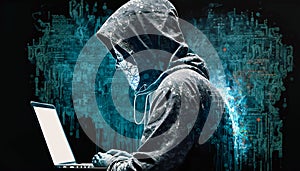 Hacking and malware concept. Hacker using abstract laptop with binary code digital interface. generative AI