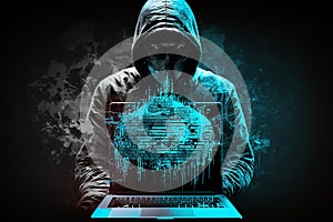 Hacking and malware concept. Hacker using abstract laptop with binary code digital interface.