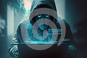 Hacking and malware concept. Hacker using abstract laptop with binary code digital interface.