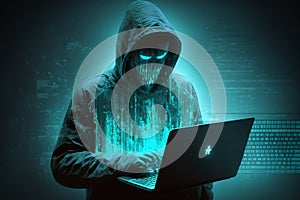 Hacking and malware concept. Hacker using abstract laptop with binary code digital interface.