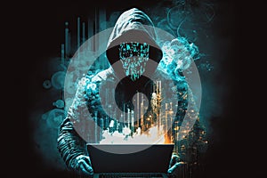 Hacking and malware concept. Hacker using abstract laptop with binary code digital interface.