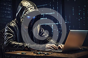 Hacking and malware concept. Hacker using abstract laptop with binary code digital interface.