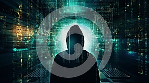 Hacking malware and data security concept. Hacker with not identifiable face with binary code digital interface. Double