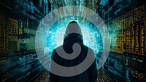 Hacking malware and data security concept. Hacker with not identifiable face with binary code digital interface. Double