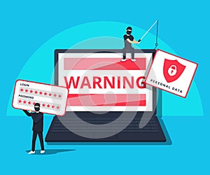 Hacking phishing attack. Flat illustration of young hacker sitting on the laptop to hack protection system.