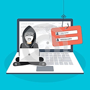 Hacking phishing attack. Hacker sitting at the desktop and hacking secret data on the laptop