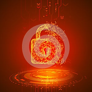 Hacking program or network. Broken padlock on red technology background. Antivirus security system. Computer virus attack. Vector