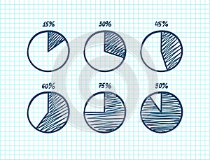 Hadn-drawn vector feltip pen pie chart icons set