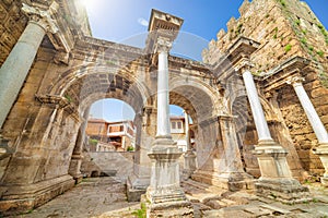 Hadrian`s Gate is famous landmarks located in old town Kaleici district in popular resort city Antalya, Turkey