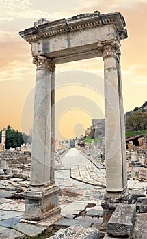 Hadrian's Gate at Library of Celsus at sunset