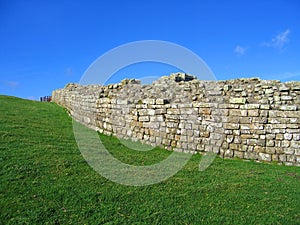 Hadrians Wall in Northumberland National Park at Housesteads Roman Camp, Northern England, Britain