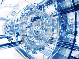 Hadron collider tech illustration. Science nuclear accelerator elementary particles. Quantum scientific experiment